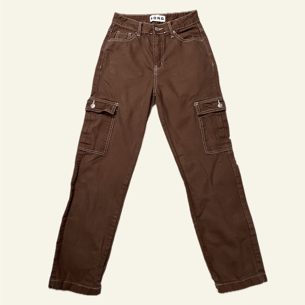brown carpenter pants with white seams